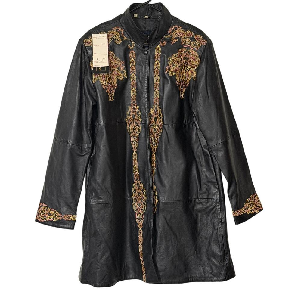 Italiano Vintage Black Leather Embroidered Jacket Size 14